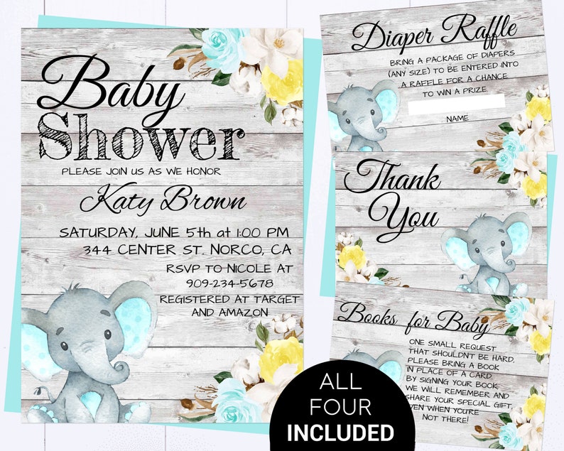 yellow elephant baby shower invitations