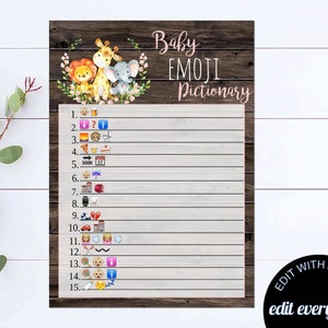 Emoji Pictionary Baby Shower Game Safari Baby Shower Pictionary Activity Elephant Emoji Pictionary Baby Shower Printable Game Giraffe Lion