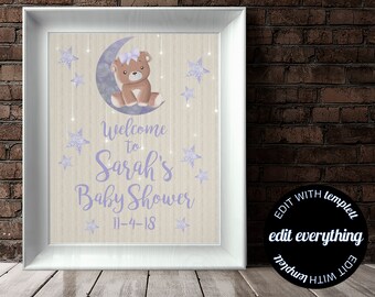 Bear Baby Shower Welcome Sign Purple Baby Welcome Sign Bear Baby Shower Decor Welcome Shower Sign Printable Welcome Sign Printable Sign