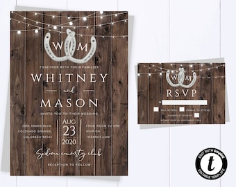 Country Wedding Invitation Printable Wedding Invitations Editable Horseshoe Wedding Invitation Wedding Suite Rustic Wood Invitation Template