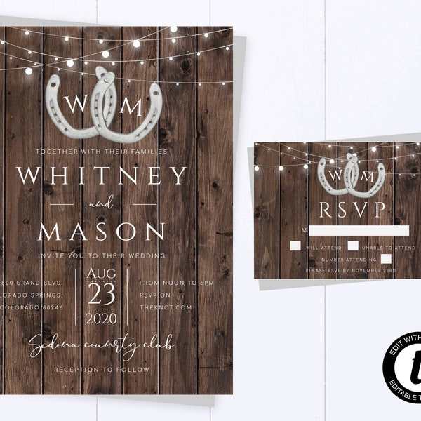 Country Wedding Invitation Printable Wedding Invitations Editable Horseshoe Wedding Invitation Wedding Suite Rustic Wood Invitation Template