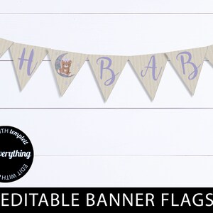 May include: A banner with the word "BABY" in purple letters on a beige background. The banner is decorated with a small bear sitting on a crescent moon with stars. The banner is editable.