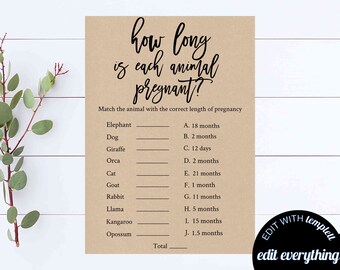How Long Is Each Animal Pregnant Baby Shower Game How Long Printable Shower Game Animal Pregnancy Baby Shower Game Kraft Paper Animal Game