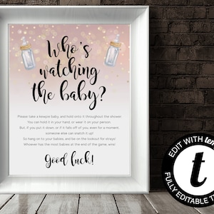 Poppin Bottles Who&#39;s Watching The Baby Shower Game Mini Baby Baby Shower Activity Pink And Gold Baby Game Sign Take The Baby Shower Game