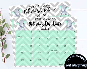 Elefant Fälligkeit Baby Shower Spiel Erraten Sie das Fälligkeitsdatum Baby Shower Spiel Elefant Baby Shower Kalender Geburtstagsvorhersage Baby Shower Spiel