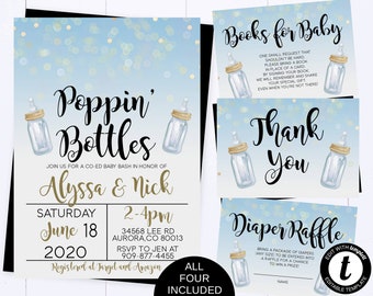 Poppin Bottles Baby Shower Invitation Template Poppin' Bottles Coed Baby Shower Invitation Gold And Blue Baby Shower Invite Poppin' Bottles