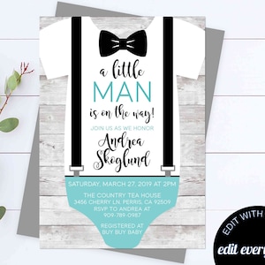 A Little Man Is On The Way Baby Shower Invite Bow Tie Onesie Little Man Baby Shower Invite Boy Baby Shower Invite Little Man Baby Shower