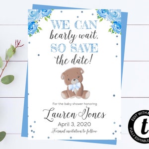 Teddy Bär Baby Shower Save The Date Blaue Baby Shower Save The Date Karte druckbare Save The Date Bearbeitbare Bär Save The Date Vorlage