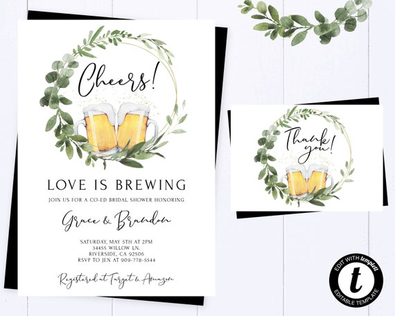 Love Is Brewing Co-Ed Bridal Shower Invitation Greenery Bridal Shower Invite Cheers Beer Invitation Co-Ed Bridal Shower Invitation