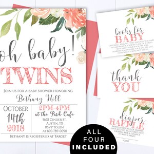 Oh Baby Twins Floral Baby Shower Invitation Template Floral Watercolor Twins Baby Shower Invite Twin Girls Baby Shower Greenery Invitation
