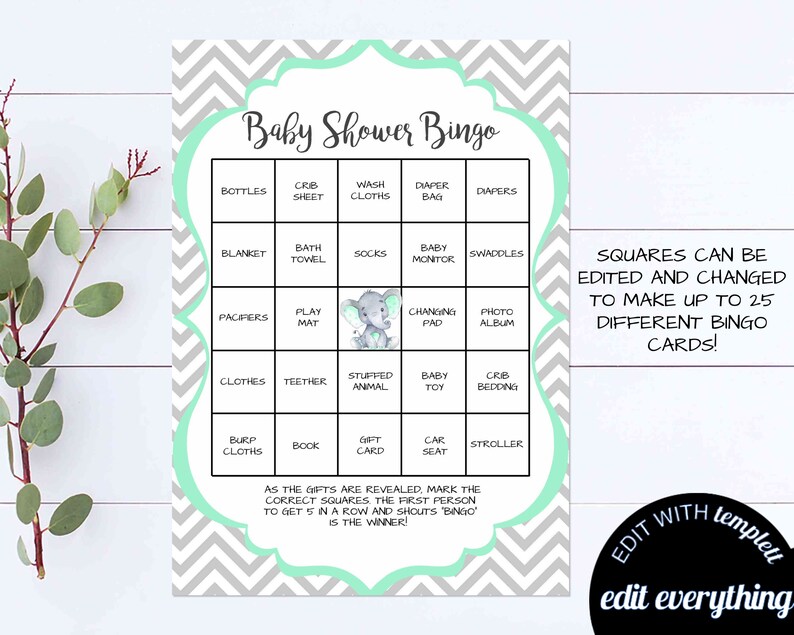 Elephant Baby Shower Game Printable Baby Shower Bingo Mint and - Etsy