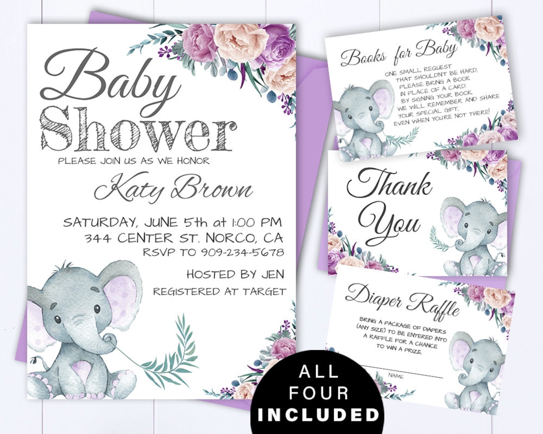 Purple Elephant Baby Shower Invite Purple and Gray Baby Girl