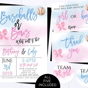 Invitación de revelación de género de pelotas de béisbol o arcos Tema de revelación de género rosa y azul Invitación de revelación de género de pelotas de béisbol o arcos Béisbol o arcos