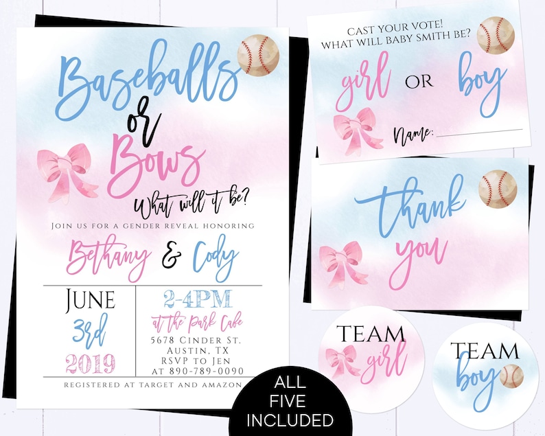 Baseballs Or Bows Gender Reveal Invitation Pink And Blue Gender Reveal Theme Gender Reveal Baseballs Or Bows Invite Baseball or Bows