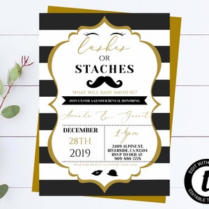Lashes or Stashes Gender Reveal Invitation Lashes And Mustaches Gender Reveal Theme Gender Reveal Dapper Invite Black And Gold Gender Reveal