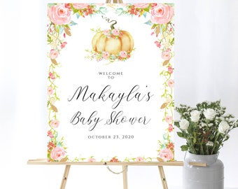 Pumpkin Baby Shower Welcome Sign Pink Floral Baby Shower Welcome Sign Fall Baby Shower Welcome Sign Printable Floral Pumpkin Welcome Sign