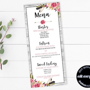 DIY Floral Baby Shower Menu Boho Baby Shower Menu Card Rustic Floral DIY Baby Shower Menu Template Printable Baby Shower Menu Cards