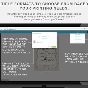 May include: Screenshot of a computer screen showing a website for designing and printing invitations. The website offers different file formats for printing at home or professionally. The options include PDF, JPEG, and the ability to save paper by printing multiple templates on a single page. The website also offers the option to include trim marks for easier cutting.