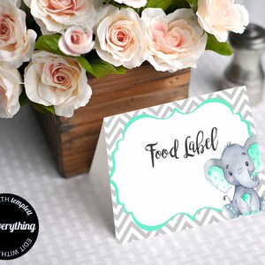 Plantilla de tarjeta de etiqueta de alimentos gris y menta para etiquetas de alimentos de Baby Shower de elefante Tarjetas de etiquetas de alimentos imprimibles Tarjetas de etiquetas de menta para Baby Shower Tarjeta de elefante