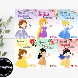 Princess Valentines Cards Editable And Personalized Princess Valentine&#39;s Day Cards Set Of 6 Kid Princess Valentines Cards Magical Princess