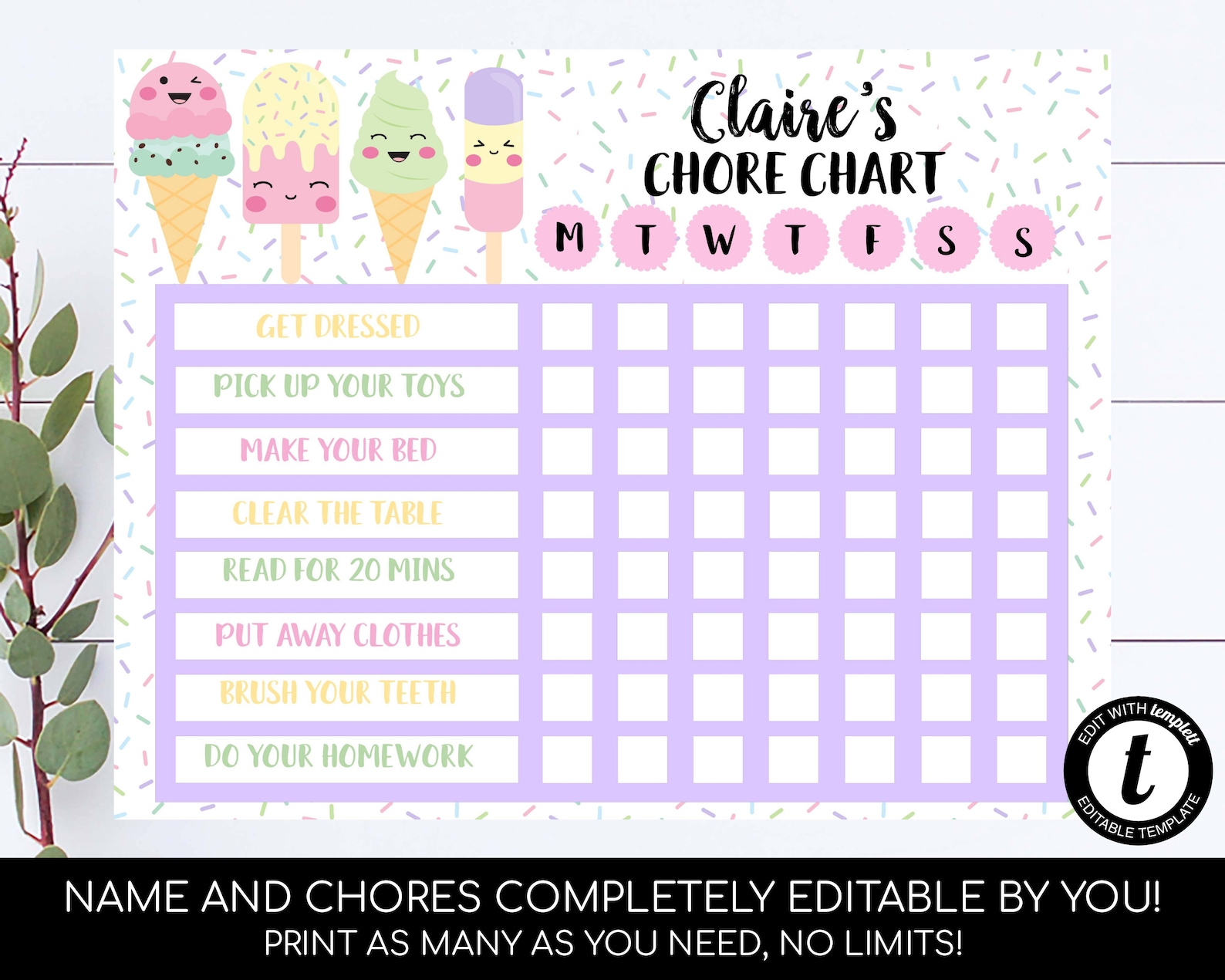 Ice Cream Chore Chart Editable Kids Chore Chart Reward Chart | Etsy
