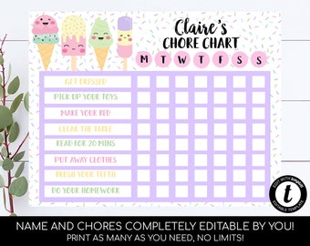 Ice Cream Chore Chart Editable Kids Chore Chart Reward Chart For Kids Sprinkles Kid Chores Responsibility Chart Printable Weekly Chore Chart