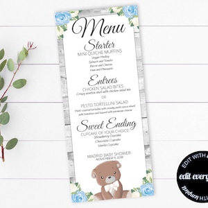 DIY Bear Baby Shower Menu Blue Bear Baby Shower Menu Card Blue Floral DIY Baby Shower Menu Template Printable Baby Shower Blue Menu Cards