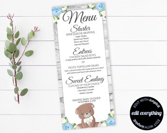 Menú de Baby Shower de Oso DIY Tarjeta de Menú de Baby Shower de Oso Azul Floral Azul Plantilla de Menú de Baby Shower de DIY Tarjetas de Menú Azul de Baby Shower Imprimibles