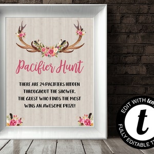 Pacifier Hunt Shower Game Antler Baby Shower Pacifier Hunt Sign Boho Floral Baby Shower Sign Deer Pacifier Hunt Activity Floral Shower Sign