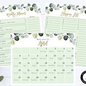 May include: A printable meal planner for the month of April with a green and white floral design. The planner includes a weekly planner, a shopping list, and a meal plan for each day of the month.