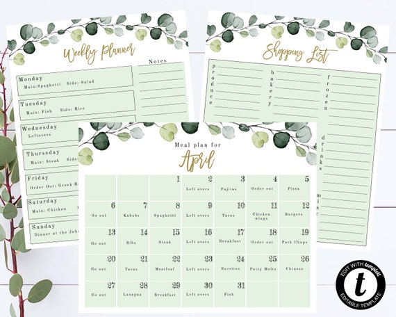 Printable Meal Planner & Grocery List Editable Menu Planner Printable Shopping List DIY Meal Planner Calendar Greenery Meal Planning Set