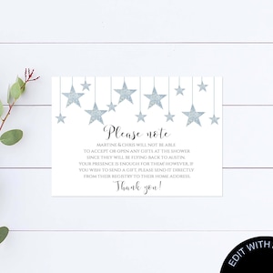 Twinkle Twinkle geen geschenken Baby shower uitnodiging invoegen blauwe sterren bewerkbare geen geschenken Gelieve invoegen kaart Twinkle Little Star geen geschenken bericht