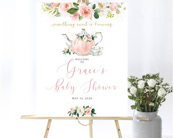 Tea Party Baby Shower Welcome Sign Pink And Gold Baby Shower Welcome Sign Floral Teacup Welcome Shower Sign Printable Teapot Welcome Sign
