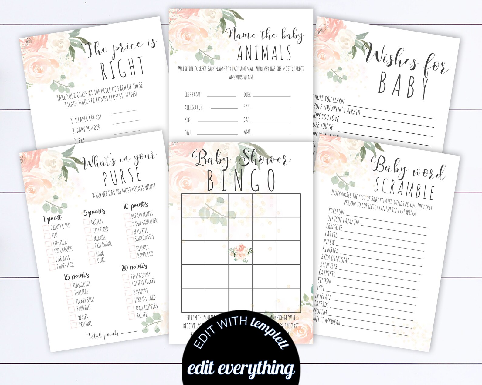Floral Baby Shower Games Printable Baby Shower Games Package Etsy