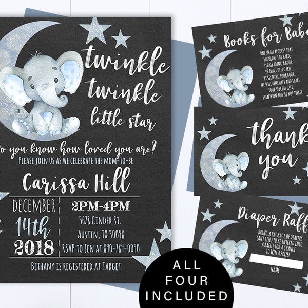 Twinkle Twinkle Little Star Elephant Baby Shower Invite Blue Elephant Baby Shower Invitation Blue Elephant Star And Moon Baby Shower Invite