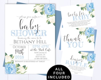 Blue Floral Baby Shower Invitation Template Floral Watercolor Baby Shower Invite Baby Boy Shower Floral Invitation Boy Blue Shower Invite