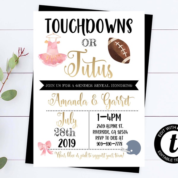 Touchdowns And Tutus Gender Reveal Invitation Football And Tutu Gender Reveal Theme Gender Reveal Touchdown Or Tutus Invite Gender Reveal