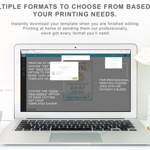 May include: A laptop computer screen displaying a website with a graphic design template. The template is for a wedding invitation and features a watercolour background with the text "Brake Rud" and a date. The website offers multiple file formats for downloading the template, including PDF, JPEG, and PNG.