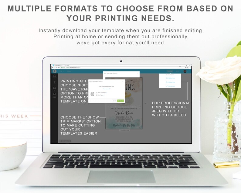 May include: A laptop computer screen displaying a website with a graphic design template. The template is for a wedding invitation and features a watercolour background with the text "Brake Rud" and a date. The website offers multiple file formats for downloading the template, including PDF, JPEG, and PNG.