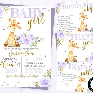 Floral Giraffe Baby Shower Invitation Purple And Gold Baby Shower Invitation Safari Baby Shower Invitation Giraffe Purple Floral Baby Invite