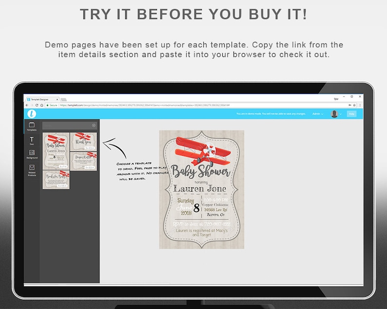 May include: A computer screen displaying a website with a baby shower invitation template. The template features a red airplane with a white propeller and the text "Baby Shower" in a white circle. The invitation is for Lauren Jone and includes the date, time, and location of the shower.