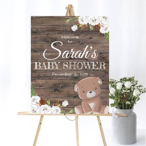 Teddy Bear Baby Shower Welcome Sign Baby Shower Welcome Sign White Floral Bear Baby Shower Welcome Shower Sign Printable Welcome Bear Sign
