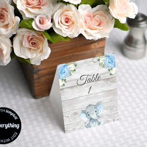 Blauer Elefant Baby-Dusche-Tischnummern Blumentisch-Karten-Vorlage Druckbare Tischkarten Baby-Dusche-Tischnummer-Karten Blauer Elefant-Karten