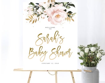 Blush Pink Floral Baby Shower Welcome Sign Baby Welcome Sign Baby Shower Floral Welcome Shower Sign Printable Gold Glitter Welcome Sign