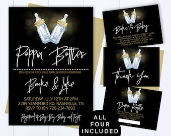 Poppin Bottles Baby Shower Invitation Template Poppin' Bottles Coed Baby Shower Invitation Black And Gold Baby Shower Invite Poppin' Bottles