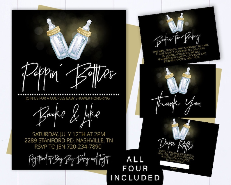 Poppin Bottles Baby Shower Invitation Template Poppin' Bottles Coed Baby Shower Invitation Black And Gold Baby Shower Invite Poppin' Bottles image 1