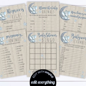 Elephant Baby Shower Games Printable Baby Shower Games Package Baby Shower Games Printable Baby Shower Bingo Baby Shower Printable Game MD2