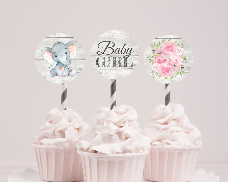 Elephant Baby Shower Cupcake Toppers Pink Elephant Baby Shower Etsy