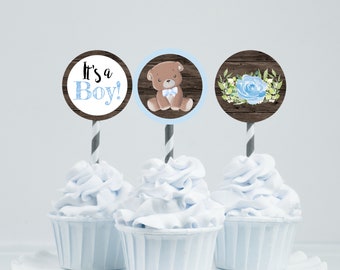 Bear Baby Shower Cupcake Toppers Blue Bear Baby Shower Cupcake Toppers Bear Floral Cupcake Toppers Teddy bear Baby Shower Toppers