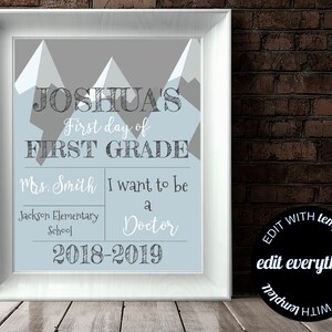 First Day of School Sign Back to School Chalkboard Any Grade Editable 1st Day School Printable Instant Download Boy School Chalkboard Sign
